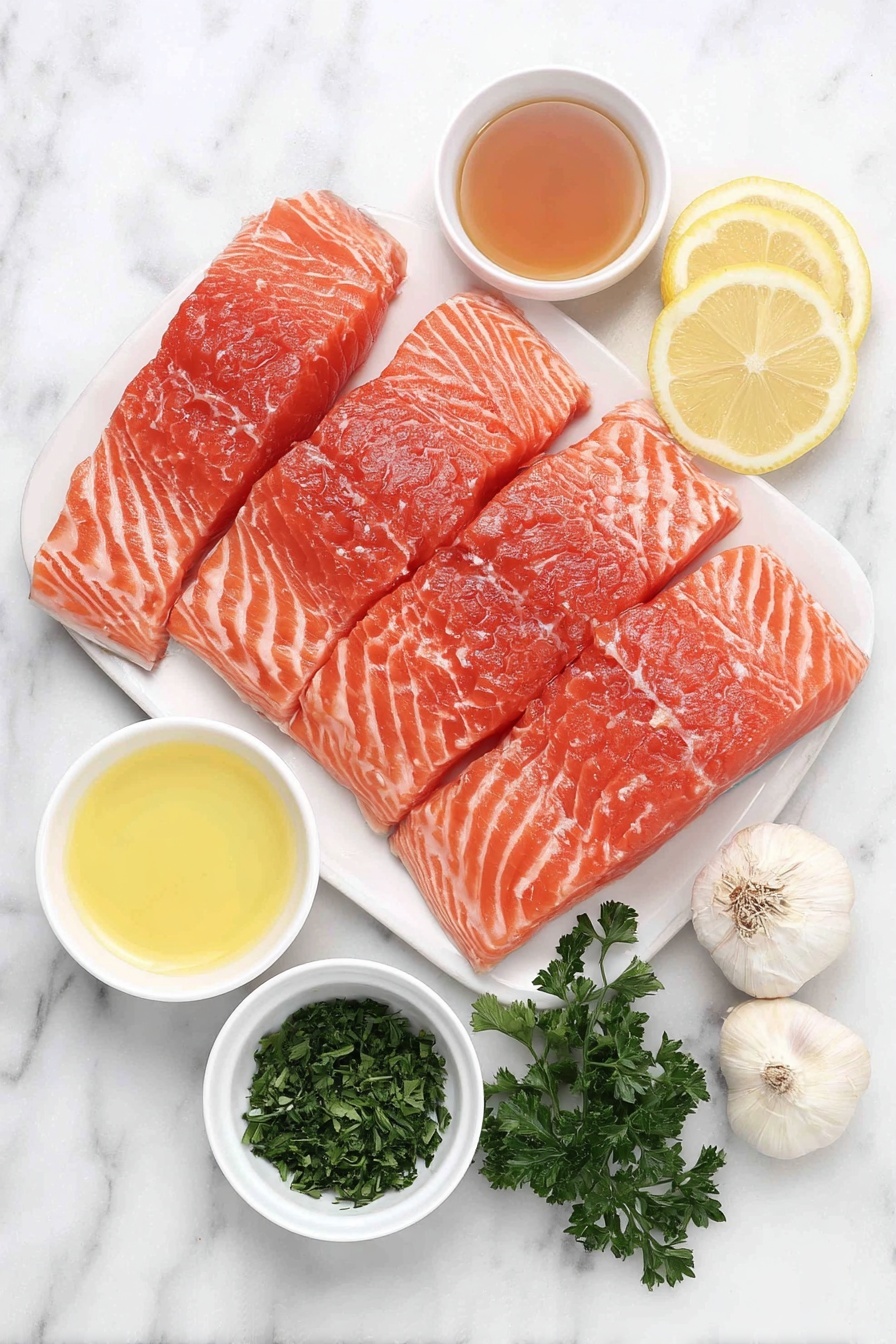 Grilled Salmon with Sweet Soy Marinade, salmon marinade recipes, Asian-inspired salmon, healthy grilled salmon, easy salmon dinner ideas - Flat lay of four fresh salmon fillets with skin on, a small white bowl of light brown soy sauce, a small white bowl with bright yellow lemon juice, a small white bowl of golden honey, a small white bowl of greenish olive oil, two whole uncracked garlic cloves, a few sprigs of fresh green parsley, and three thin lemon slices arranged symmetrically on simple white ceramic dishes, placed on a clean white marble surface, soft natural light, photo taken with an iPhone, professional food photography style, fresh ingredients, white ceramic bowls, no bottles, no duplicates, no utensils, no packaging --ar 2:3 --v 7 --p m7354615311229779997