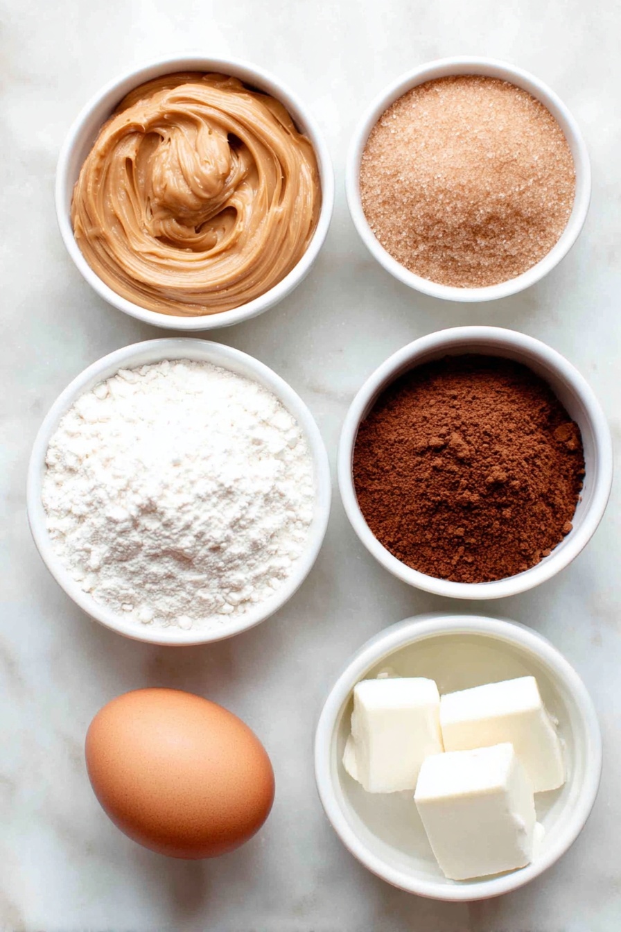 Chocolate Peanut Butter Cookies, peanut butter chocolate cookies, homemade peanut butter cookies, soft chewy cookies, easy cookie recipe - Flat lay of a small white ceramic bowl of creamy peanut butter, a small white ceramic bowl of light brown sugar packed firmly, a small white ceramic bowl of all purpose flour, a small white ceramic bowl of unsweetened cocoa powder scooped and swept, a small white ceramic bowl of milk, one whole uncracked large brown egg, a small white ceramic bowl with a portion of solid shortening, a small white ceramic bowl of fine salt, a small white ceramic bowl of baking soda, and a small white ceramic bowl of clear vanilla extract placed on a clean white marble surface, soft natural light, photo taken with an iPhone, professional food photography style, fresh ingredients, white ceramic bowls, no bottles, no duplicates, no utensils, no packaging --ar 2:3 --v 7 --p m7354615311229779997