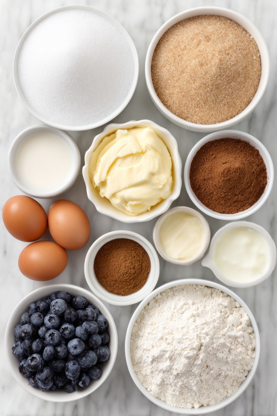 Blueberry Pie with Crumb Topping, blueberry pie, fruit pie recipes, crumb topping dessert, homemade blueberry pie - Flat lay of a small white ceramic bowl of white granulated sugar, a small white ceramic bowl of light brown sugar, a small white ceramic bowl of all-purpose flour, a small white ceramic bowl of ground cinnamon, a small white ceramic bowl of ground nutmeg, two whole brown eggs with clean shells, a small white ceramic bowl of sour cream, a small white ceramic bowl of clear vanilla extract, a small white ceramic bowl of melted butter, a small white ceramic bowl filled with fresh plump blueberries, placed on a clean white marble surface, soft natural light, photo taken with an iPhone, professional food photography style, fresh ingredients, white ceramic bowls, no bottles, no duplicates, no utensils, no packaging --ar 2:3 --v 7 --p m7354615311229779997