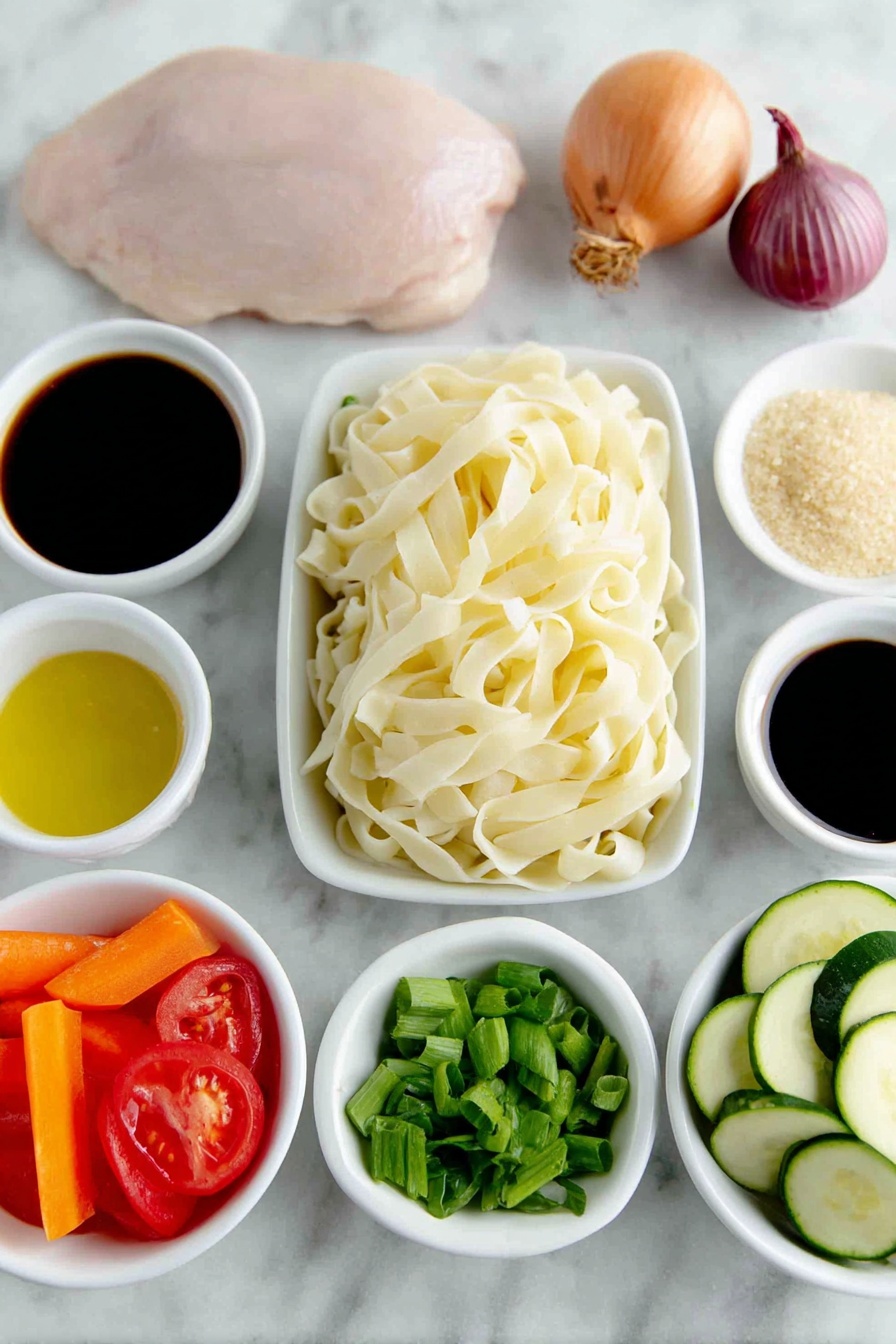 Drunken Noodles, Thai Drunken Noodles, Spicy Stir-Fry, Easy Noodles Recipe, Chicken and Vegetable Noodles - Flat lay of wide rice noodles arranged neat and flat, a small white bowl of golden sesame oil, two whole uncracked shallots with smooth purple skin, two fresh orange carrots thinly sliced, a large raw chicken breast with pale pink flesh, three whole uncracked bulbs of garlic, a small white bowl with finely minced fresh ginger, a fresh green zucchini thinly sliced, a green bell pepper sliced into thin strips, two chopped green onions with white and green parts separated, a fresh roma tomato sliced into rounds, a small pile of bright green Thai Holy Basil leaves roughly chopped, and a small white bowl holding a dark oyster sauce, another small white bowl with rich low sodium soy sauce, a small white bowl with clear fish sauce, a small white bowl of brown sugar crystals, a small white bowl of clear water, and a small white bowl with vivid red Thai chili paste — all perfectly arranged in balanced symmetry on a clean white marble surface, soft natural light, photo taken with an iPhone, professional food photography style, fresh ingredients, white ceramic bowls, no bottles, no duplicates, no utensils, no packaging --ar 2:3 --v 7 --p m7354615311229779997