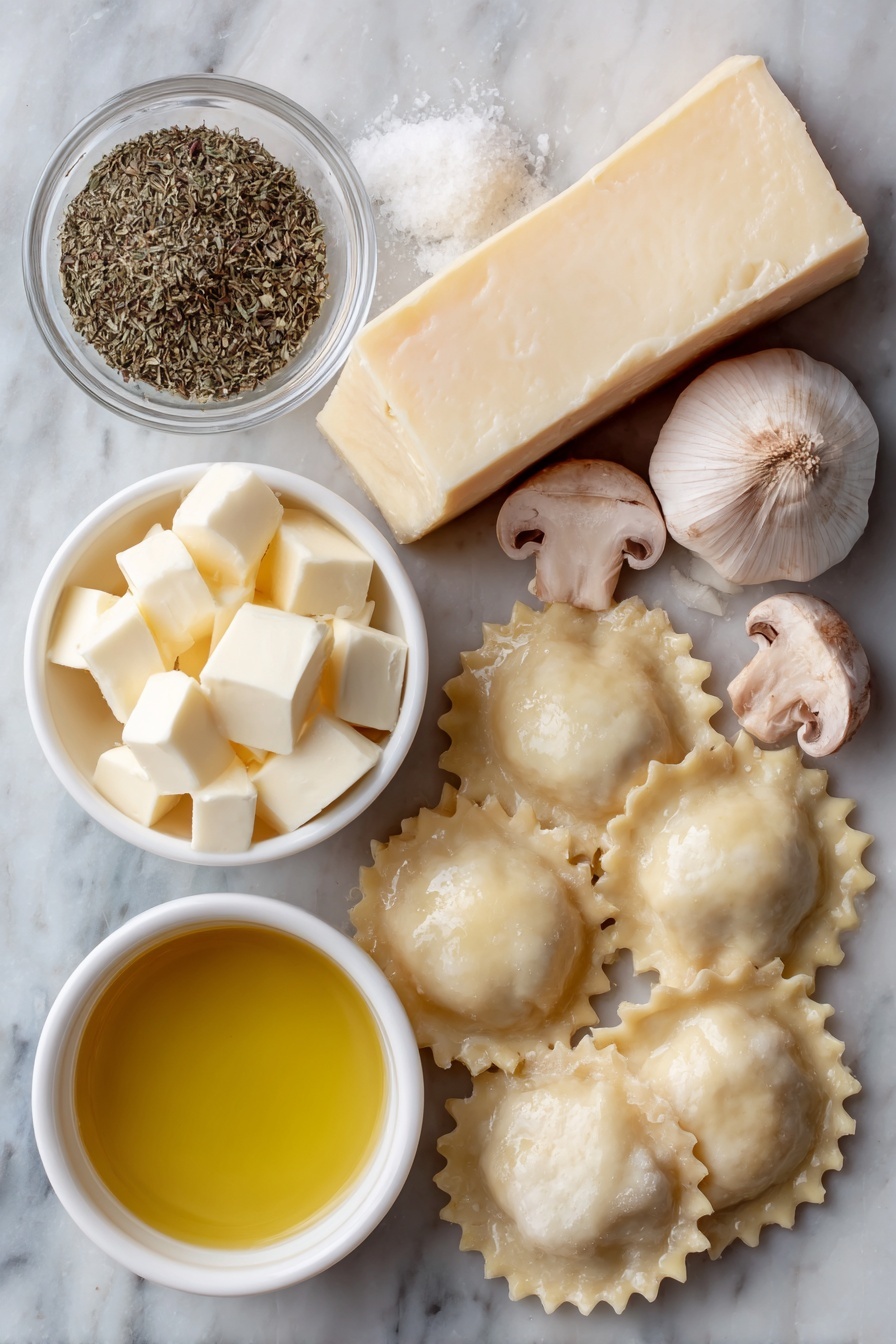 Creamy Mushroom Ravioli, Mushroom Ravioli, Creamy Ravioli, Homemade Mushroom Ravioli, Easy Mushroom Ravioli - Flat lay of fresh mushroom ravioli with ruffled edges, a small pile of thinly sliced cremini mushrooms, three whole garlic cloves with smooth pale skins, a few small cubes of creamy butter, a small white ceramic bowl filled with golden olive oil, a small white ceramic bowl with thick heavy cream, a small white ceramic bowl containing clear golden chicken broth, a small heap of mixed dried Italian herbs, a small pile of coarse sea salt crystals, and a small mound of freshly cracked black peppercorns placed on a clean white marble surface, soft natural light, photo taken with an iPhone, professional food photography style, fresh ingredients, white ceramic bowls, no bottles, no duplicates, no utensils, no packaging --ar 2:3 --v 7 --p m7354615311229779997