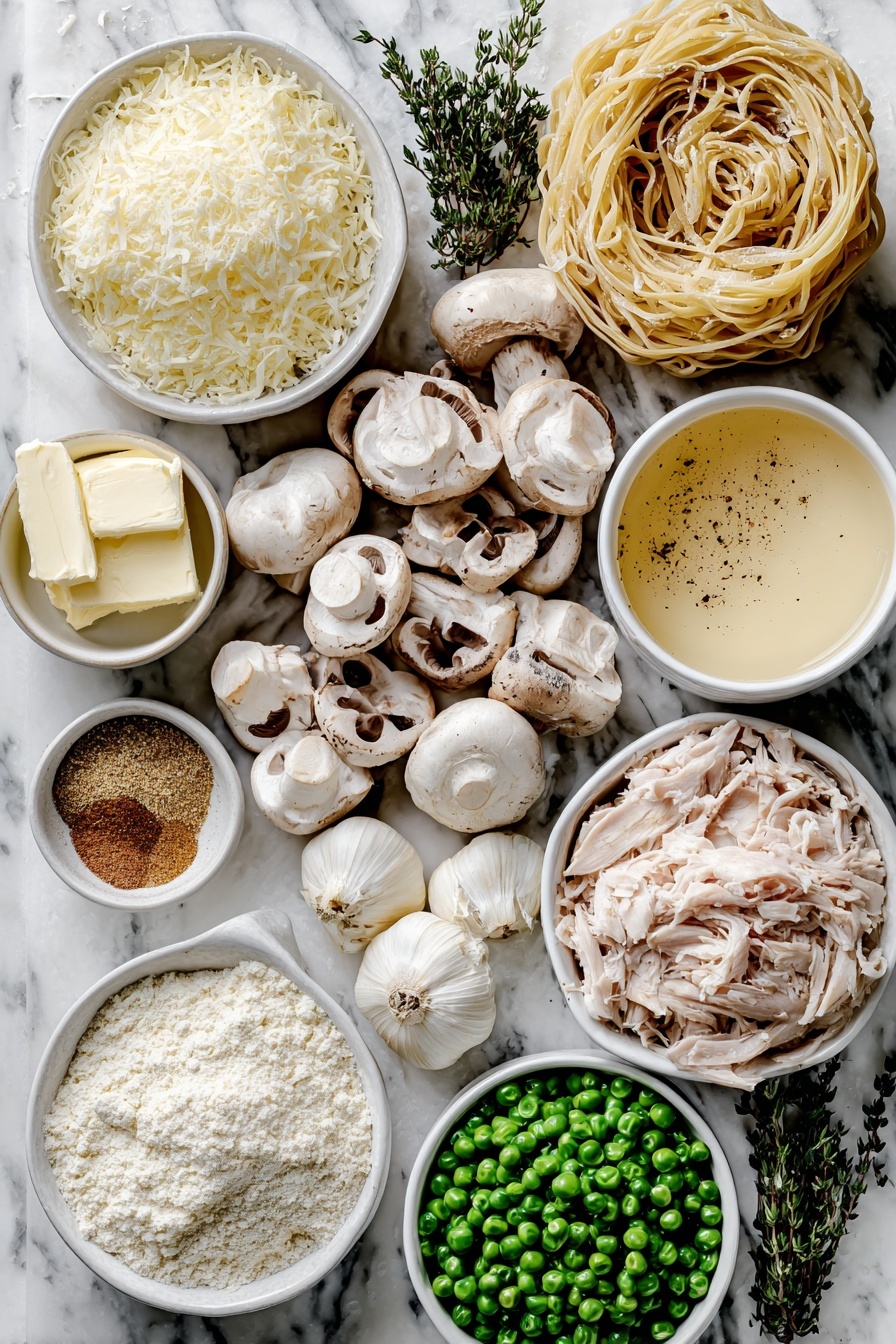 Creamy Turkey Tetrazzini, turkey pasta casserole, comforting turkey pasta dish, easy creamy turkey recipe, holiday leftover turkey dinner - Flat lay of six tablespoons of unsalted butter in two small white ceramic bowls, a white ceramic bowl with sliced fresh cremini mushrooms, a white ceramic bowl with chopped pale shallots, two whole uncracked garlic cloves, a small pile of fresh thyme leaves, a small white ceramic bowl of all-purpose flour, a small white ceramic bowl of golden chicken broth, a small white ceramic bowl of whole milk, a small white ceramic bowl of heavy cream, a small white ceramic bowl of dry sherry, a small heap of ground nutmeg, a small white ceramic bowl filled with grated Parmigiano Reggiano, a small white ceramic bowl of bright green frozen peas, a neat pile of shredded cooked turkey breast, a small white ceramic bowl with chopped Italian parsley, a bundle of dry linguine snapped in half, a small white ceramic bowl of unseasoned panko breadcrumbs, and a small white ceramic bowl of melted unsalted butter arranged with perfect symmetry, placed on a clean white marble surface, soft natural light, photo taken with an iPhone, professional food photography style, fresh ingredients, white ceramic bowls, no bottles, no duplicates, no utensils, no packaging --ar 2:3 --v 7 --p m7354615311229779997