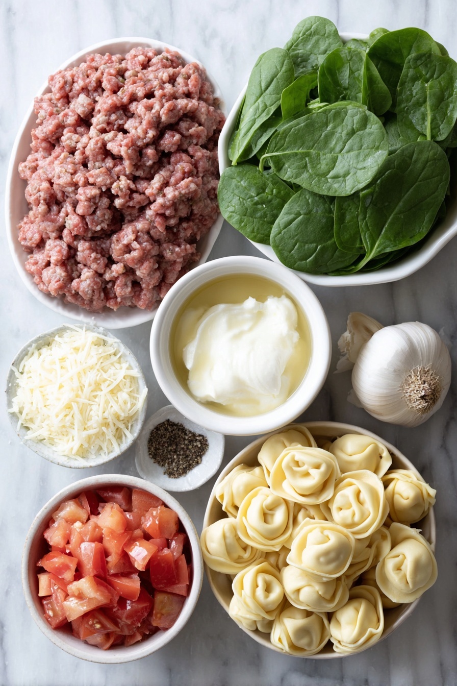 One-Pan Sausage Tortellini, sausage tortellini skillet, quick sausage pasta, creamy tortellini dinner, easy one-pan pasta - Flat lay of fresh crumbled Italian sausage meat, three peeled garlic cloves, a small white ceramic bowl of chicken broth, a small white ceramic bowl filled with diced ripe tomatoes with juices, a small white ceramic bowl of heavy cream, a handful of fresh refrigerated cheese tortellini, two loosely packed cups of vibrant fresh baby spinach leaves, a small white ceramic bowl of coarse salt, a small white ceramic bowl of cracked black peppercorns, and a small mound of freshly grated parmesan cheese on a simple white ceramic dish, placed on a clean white marble surface, soft natural light, photo taken with an iPhone, professional food photography style, fresh ingredients, white ceramic bowls, no bottles, no duplicates, no utensils, no packaging --ar 2:3 --v 7 --p m7354615311229779997