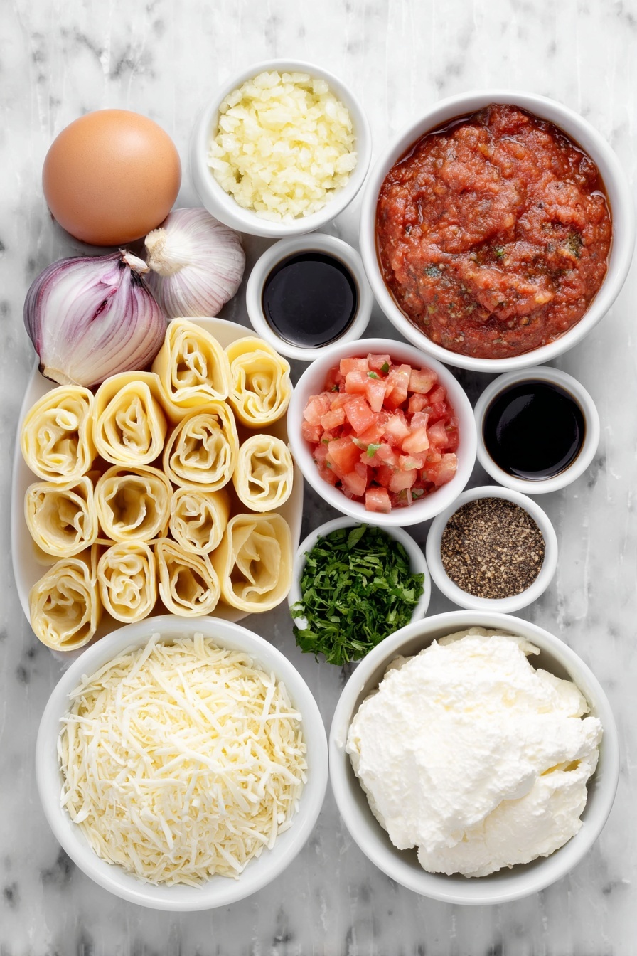 Cheese Manicotti with Flavorful Tomato Sauce, cheesy pasta bake, Italian manicotti recipe, homemade tomato sauce, baked cheese manicotti - Flat lay of a small white ceramic bowl of extra-virgin olive oil, a small white bowl filled with finely chopped yellow onion, a small white bowl with minced garlic, a small white bowl of dried Italian seasoning, a small white bowl of tomato paste, a small white bowl heaping with crushed tomatoes, a small white bowl of diced tomatoes with juices, a small white bowl of kosher salt, a small white bowl of black pepper, uncooked manicotti pasta tubes arranged neatly, a small white bowl with whole-milk ricotta cheese, a small white bowl with shredded mozzarella cheese, a small white bowl of grated parmesan cheese, one large brown egg with clean shell, a small white bowl of chopped Italian parsley, a small white bowl of chopped basil, and a small white bowl containing ground nutmeg, all ingredients fresh and natural, placed on a clean white marble surface, soft natural light, photo taken with an iPhone, professional food photography style, fresh ingredients, white ceramic bowls, no bottles, no duplicates, no utensils, no packaging --ar 2:3 --v 7 --p m7354615311229779997