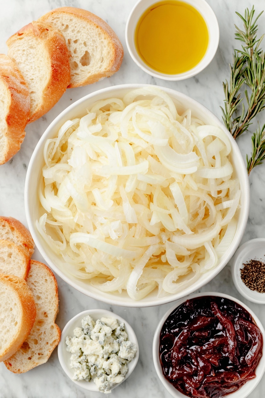 Caramelized Onion and Blue Cheese Crostini, flavorful appetizer with caramelized onions, easy blue cheese crostini, elegant party hors d'oeuvres, savory finger food - Flat lay of a large peeled vidalia onion halved and thinly sliced, a small white bowl of extra-virgin olive oil, a small white bowl of kosher salt, a small white bowl of balsamic vinegar, several thinly sliced rounds of a fresh baguette arranged neatly, a small white bowl filled with dark purple fig preserves, a small white bowl with crumbly blue cheese, two fresh rosemary sprigs torn into pieces, and a small white bowl of freshly ground black pepper, all placed on a clean white marble surface, soft natural light, photo taken with an iPhone, professional food photography style, fresh ingredients, white ceramic bowls, no bottles, no duplicates, no utensils, no packaging --ar 2:3 --v 7 --p m7354615311229779997