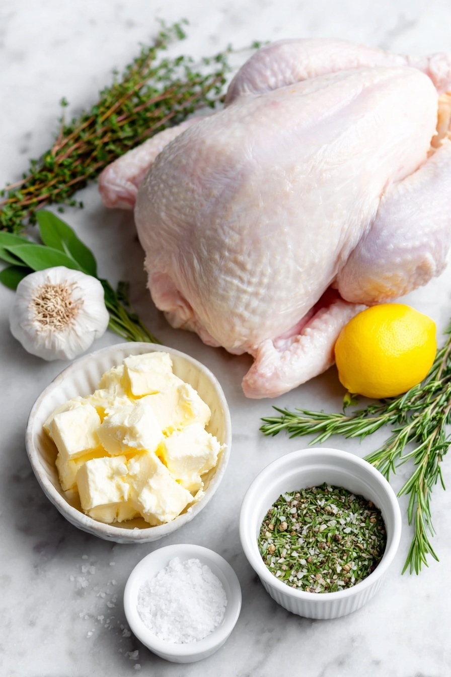 Herb Butter Roast Turkey, Roast Turkey with Herb Butter, Juicy Roast Turkey Recipe, Holiday Turkey Ideas, Easy Turkey Roast - Flat lay of a whole fresh raw turkey with pale pink skin, a halved bright yellow lemon, a few sprigs each of fresh green sage, thyme, and rosemary, a head of garlic broken into peeled white cloves, a small white ceramic bowl filled with soft pale yellow unsalted butter mixed with finely chopped green sage, thyme, rosemary, and minced white garlic, a small white ceramic bowl of coarse sea salt crystals, and another small white ceramic bowl of freshly ground black pepper placed in a perfect symmetrical arrangement around the turkey, all on a clean white marble surface, soft natural light, photo taken with an iPhone, professional food photography style, fresh ingredients, white ceramic bowls, no bottles, no duplicates, no utensils, no packaging --ar 2:3 --v 7 --p m7354615311229779997