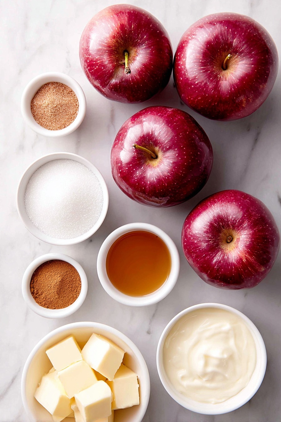 Apple Cider Caramels, apple cider caramel candies, fall caramel recipes, homemade caramel treats, autumn spice candies - Flat lay of fresh whole red apples with shiny skins, a small white ceramic bowl of golden light corn syrup, a small white ceramic bowl filled with granulated white sugar, a few cubes of pale yellow unsalted butter, a small white ceramic bowl of smooth heavy whipping cream, a small white ceramic bowl containing ground cinnamon with a warm reddish-brown color, a small white ceramic bowl with fine nutmeg powder in light brown, a tiny white ceramic bowl holding a pinch of ground cloves, and a small white ceramic bowl with amber apple cider liquid, all arranged symmetrically and balanced on a clean white marble surface, soft natural light, photo taken with an iPhone, professional food photography style, fresh ingredients, white ceramic bowls, no bottles, no duplicates, no utensils, no packaging --ar 2:3 --v 7 --p m7354615311229779997