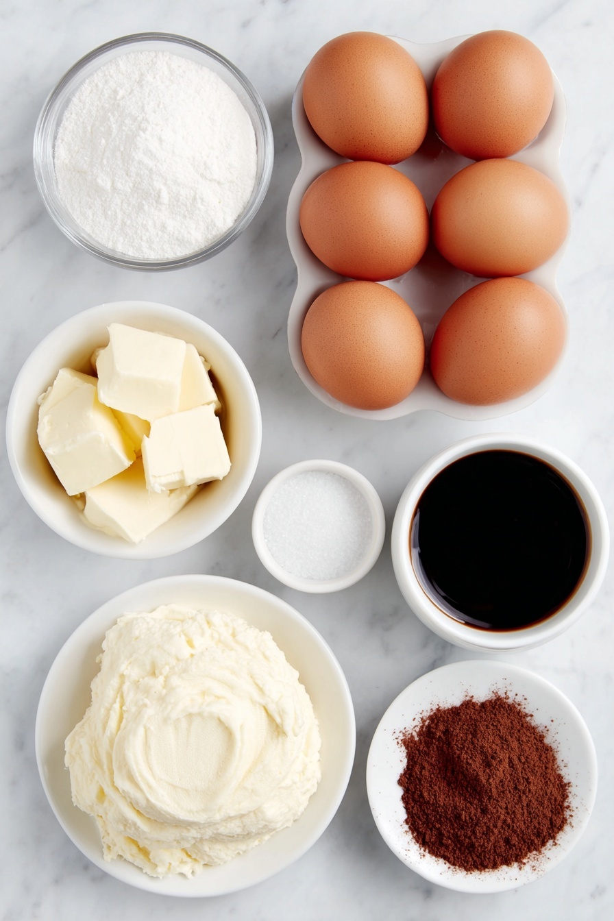 Classic Espresso Mascarpone Tiramisu, coffee dessert, homemade tiramisu, Italian tiramisu, easy tiramisu recipe - Flat lay of six whole large brown eggs with clean shells, a small white ceramic bowl filled with granulated sugar, a small white ceramic bowl holding a pinch of salt, a mound of cold mascarpone cheese on a simple white ceramic plate, a small white ceramic bowl containing pure vanilla extract, a small white ceramic bowl of thick cold heavy whipping cream, a small white ceramic bowl with cold dark espresso, a small white ceramic bowl with clear amber Kahlua liqueur, and a neat stack of fresh crunchy ladyfingers arranged beside a small white ceramic plate dusted lightly with unsweetened cocoa powder, all placed on a clean white marble surface, soft natural light, photo taken with an iPhone, professional food photography style, fresh ingredients, white ceramic bowls, no bottles, no duplicates, no utensils, no packaging --ar 2:3 --v 7 --p m7354615311229779997