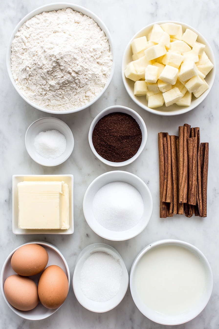 Apple Spice Cake with Caramel Icing, fall apple cake, cinnamon apple cake, moist apple spice cake, caramel frosting cake - Flat lay of a small mound of sifted cake flour, a small white ceramic bowl of white sugar, a small white ceramic bowl of dark brown sugar, a neat pile of whole brown cinnamon sticks, a small heap of ground nutmeg, a small pile of salt crystals, a few tablespoons of unsalted butter at room temperature shaped into a smooth square, a small white ceramic bowl of buttermilk, three whole uncracked brown eggs, a few fresh whole apples alongside a small white ceramic bowl filled with diced apples, a small white ceramic bowl of unsweetened applesauce, a small white ceramic bowl of vanilla extract, a small white ceramic bowl of powdered sugar, a small white ceramic bowl of milk, and a small white ceramic bowl with melting butter, all arranged symmetrically and balanced on a clean white marble surface, soft natural light, photo taken with an iPhone, professional food photography style, fresh ingredients, white ceramic bowls, no bottles, no duplicates, no utensils, no packaging --ar 2:3 --v 7 --p m7354615311229779997