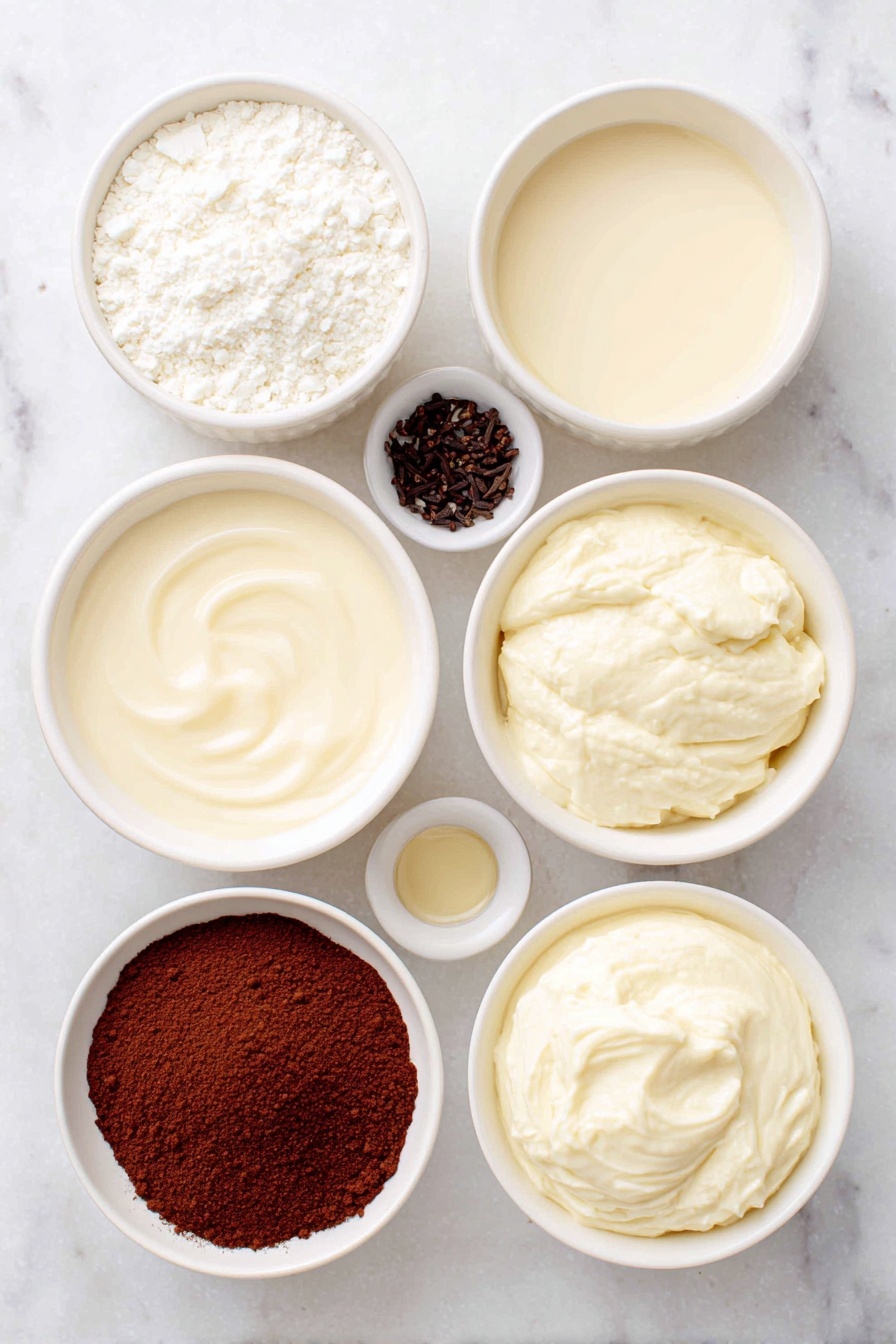 Puerto Rican Coconut Eggnog, Puerto Rican Coquito, Coconut Eggnog, Holiday Tropical Drinks, Rum Eggnog - Flat lay of a small white ceramic bowl of sweetened condensed milk, a small white ceramic bowl of evaporated milk, a small white ceramic bowl of cream of coconut, a small white ceramic bowl with a few drops of vanilla extract, a small white ceramic bowl filled with ground cinnamon, a small white ceramic bowl with ground nutmeg, a small white ceramic bowl with ground cloves, and a small white ceramic bowl of white rum, all arranged in perfect symmetry and balanced proportions, placed on a clean white marble surface, soft natural light, photo taken with an iPhone, professional food photography style, fresh ingredients, white ceramic bowls, no bottles, no duplicates, no utensils, no packaging --ar 2:3 --v 7 --p m7354615311229779997