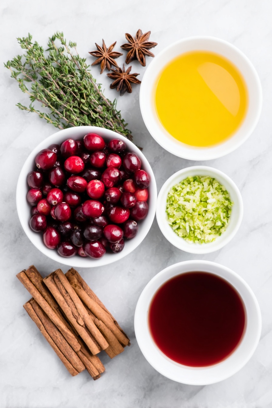 Festive Alcohol-Free Cranberry Punch, holiday non-alcoholic drinks, Christmas punch recipe, cranberry punch for parties, kids-friendly holiday beverages - Flat lay of a small white ceramic bowl filled with deep red fresh cranberries, a few fresh green thyme sprigs neatly arranged beside six whole cinnamon sticks, six dark brown star anise pods, a small white bowl containing bright orange fresh orange juice, a small white bowl with vivid red sweetened cranberry juice, another small white bowl holding golden ginger ale, and a separate small white bowl with finely grated green lime zest, all ingredients fresh and natural, perfectly spaced in symmetrical balance on a clean white marble surface, soft natural light, photo taken with an iPhone, professional food photography style, fresh ingredients, white ceramic bowls, no bottles, no duplicates, no utensils, no packaging --ar 2:3 --v 7 --p m7354615311229779997