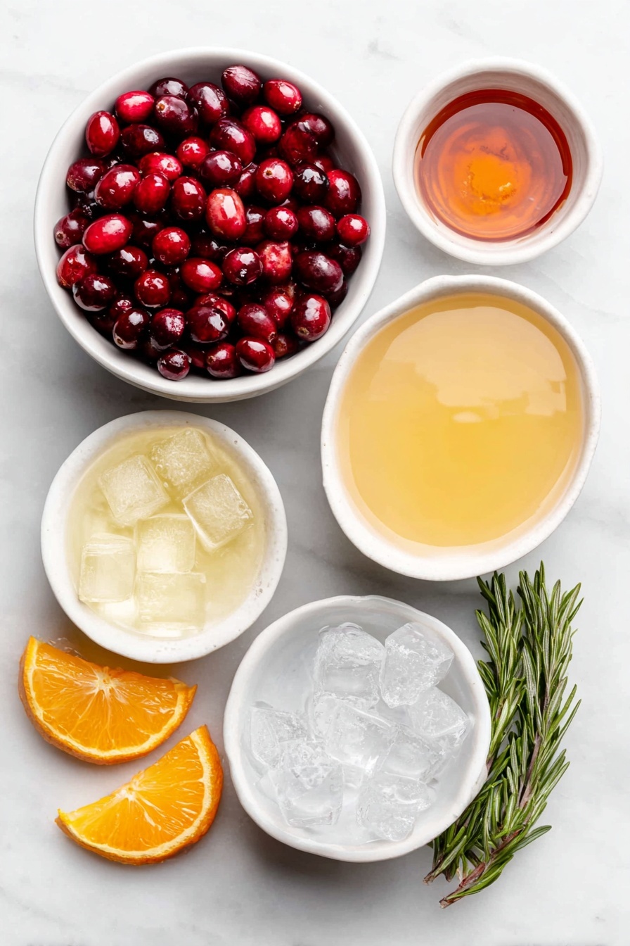 Festive Cranberry Orange Punch, holiday holiday punch, seasonal holiday drink, easy holiday beverage, cranberry orange drink - Flat lay of fresh bright cranberries scattered naturally, a few vivid orange slices with visible juicy texture, a small white ceramic bowl filled with deep red cranberry juice, another small white bowl containing vibrant fresh orange juice, a third small white bowl holding golden sparkling apple cider with bubbles, a fourth small white bowl of light amber ginger ale, a small white bowl with irregular ice cubes, a small white bowl with clear vodka, fresh rosemary sprigs with deep green needles, all arranged symmetrically on a clean white marble surface, soft natural light, photo taken with an iPhone, professional food photography style, fresh ingredients, white ceramic bowls, no bottles, no duplicates, no utensils, no packaging --ar 2:3 --v 7 --p m7354615311229779997