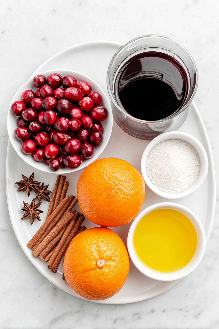 German Mulled Wine, Mulled Wine Recipe, Gluhwein, Spiced Hot Wine, Holiday Warm Drink - Flat lay of two whole oranges, a small white bowl of fresh cranberries, six cinnamon sticks arranged neatly, four star anise pods, ten whole cloves scattered artfully, a small white bowl filled with granulated sugar, a small white bowl containing bright orange juice, and a simple glass carafe of deep red wine set on a simple white ceramic plate, all placed on a clean white marble surface, soft natural light, photo taken with an iPhone, professional food photography style, fresh ingredients, white ceramic bowls, no bottles, no duplicates, no utensils, no packaging --ar 2:3 --v 7 --p m7354615311229779997