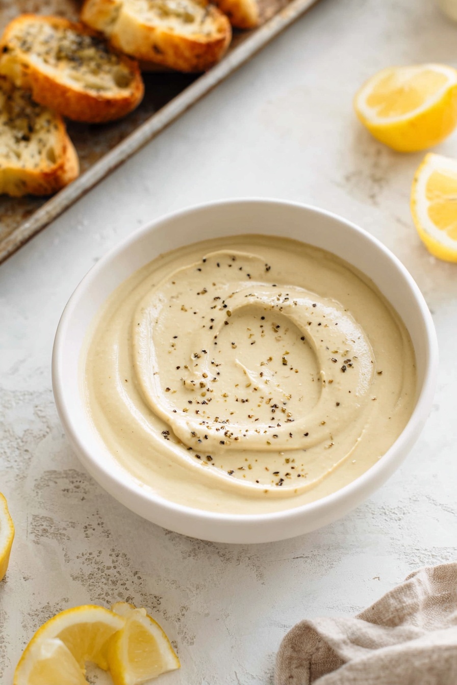 Creamy Artichoke Soup, artichoke soup recipe, easy artichoke soup, velvety soup recipes, comforting artichoke starter - A white bowl filled with smooth, creamy light beige soup, with two grilled artichoke halves placed in the center on top, sprinkled lightly with black pepper. A vintage silver spoon with the words