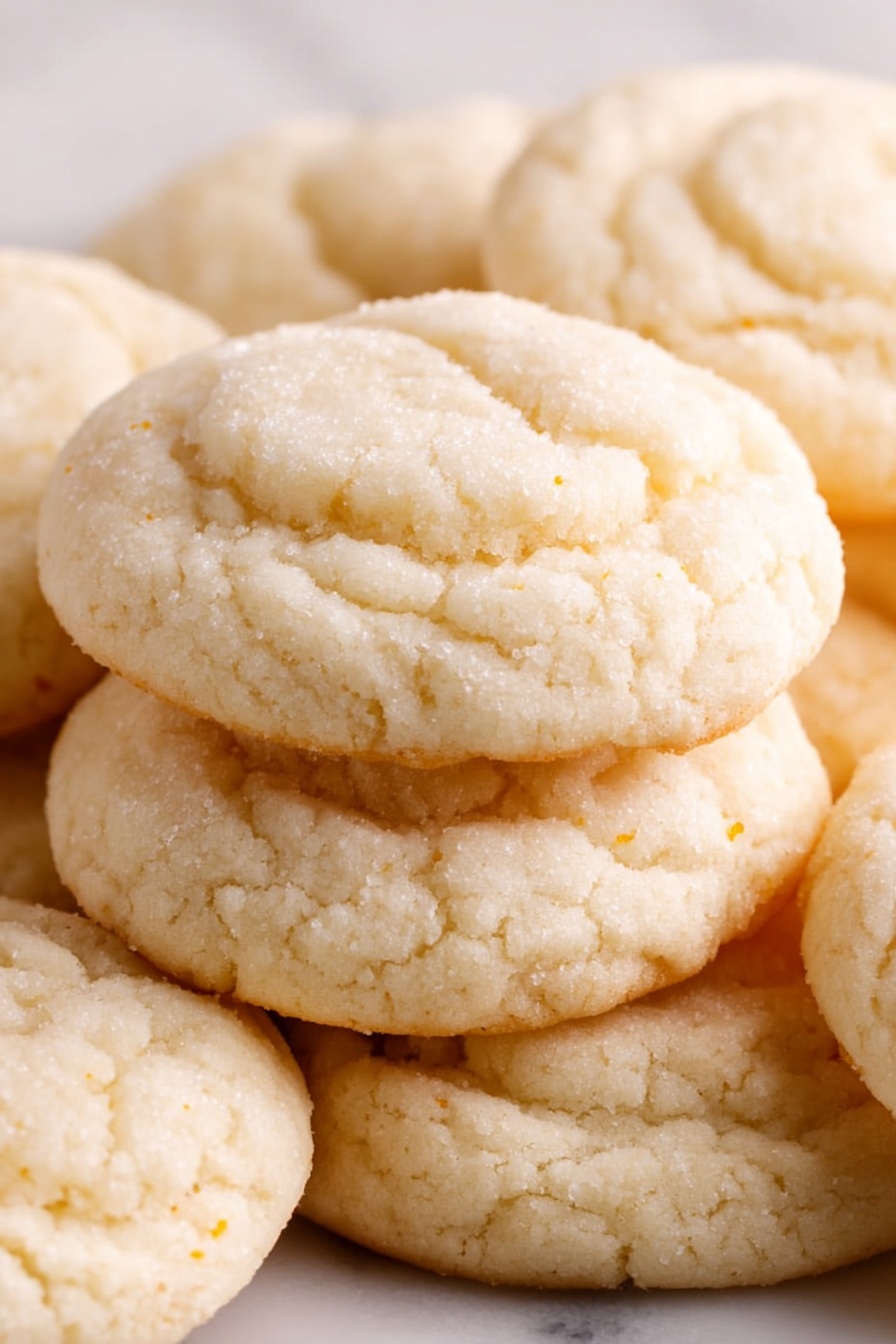 Amish Sugar Cookies, classic sugar cookie recipe, buttery sugar cookies, homemade Amish cookies, easy sugar cookie recipe - A close-up image shows a stack of soft, round cookies with a light beige color, each cookie having a soft, slightly cracked top texture. The cookies are piled unevenly on each other, showing their light, fluffy thickness and soft edges. The background surface is a white marbled texture that adds a clean contrast to the cookies' pale color. photo taken with an iphone --ar 2:3 --v 7