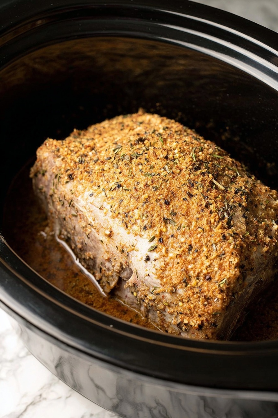 Crock Pot Pork Roast with Easy Gravy, slow cooker pork roast recipe, tender pork roast with gravy, easy crock pot dinner ideas, flavorful pork roast - A large piece of meat covered with a crumbly spice and herb coating sits inside a black slow cooker. The meat has a light golden-brown color with visible small black and green herbs pressed into the crust. The slow cooker has a smooth shiny surface on the inside, creating a contrast with the rough and textured meat. The cooker is set on a surface with a white marbled pattern that is barely visible at the bottom edge of the image. The lighting highlights the spices and texture on the meat, making it look tender and well-seasoned photo taken with an iphone --ar 2:3 --v 7