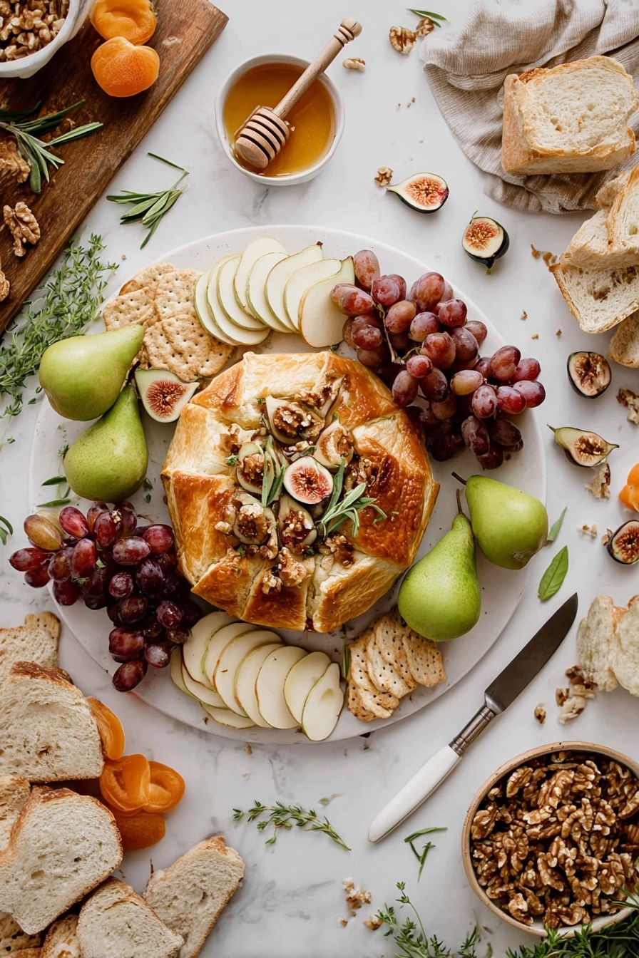 Baked Brie with Jam and Puff Pastry, baked Brie appletizer, cheesy puff pastry recipe, elegant Brie cheese appetizer, easy baked Brie ideas - A white plate sits on a white marbled surface, holding a round golden-brown pastry topped with halves of figs and scattered walnuts. Around the pastry, there are clusters of red and green grapes, dried apricots, slices of pear with green leaves, round beige crackers stacked on one side, and slices of crusty white bread. Figs with green leaves are also placed near the pears, and a cheese knife with a white handle rests on the plate among the crackers and pears. Nearby on the surface, there is a small white bowl of honey with a wooden honey dipper, a rustic wooden tray with more bread slices and figs, and a small bowl filled with walnuts. Fresh green herbs are scattered around for decoration. Photo taken with an iphone --ar 2:3 --v 7
