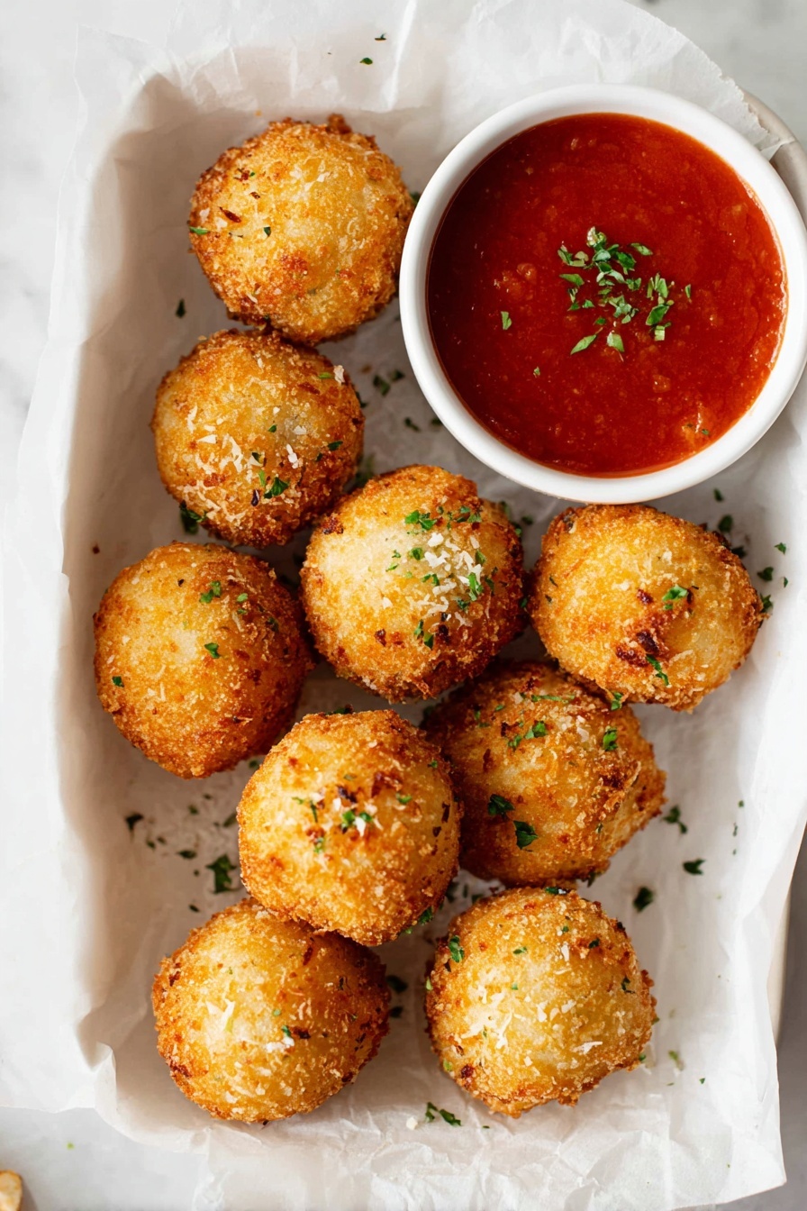 Crispy Potato Cheese Balls, cheesy snack, easy appetizer, crispy snack recipe, savory potato balls - There are nine golden brown, crispy round balls with a rough texture scattered on white parchment paper inside a white container. Each ball is sprinkled lightly with small bits of green herbs. To the top right of the balls, there is a small white bowl filled with smooth red sauce, garnished with tiny green herb pieces. The background shows a white marbled surface. Photo taken with an iphone --ar 2:3 --v 7