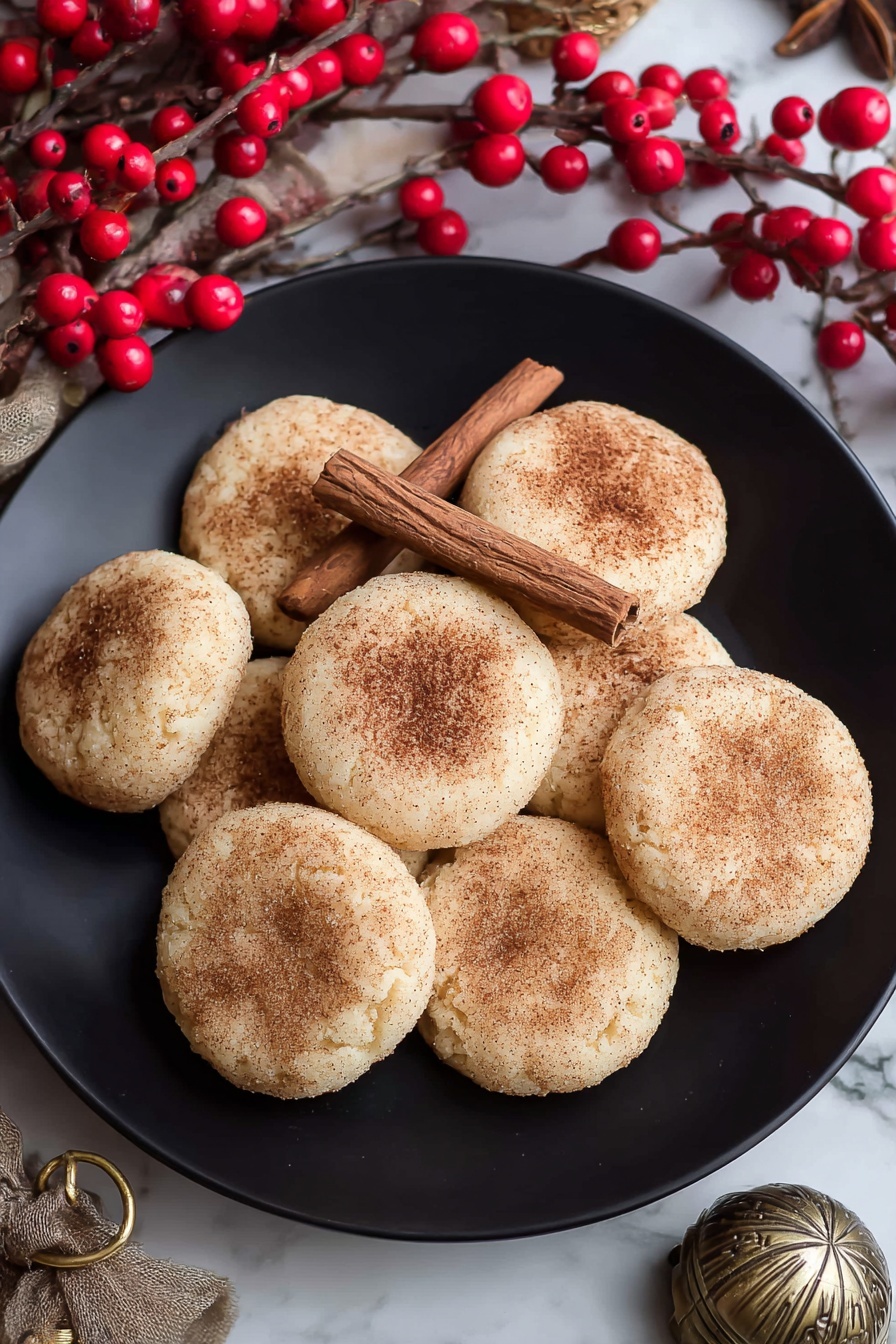 Cinnamon Cream Cheese Cookies, cinnamon cookies, cream cheese cookies, soft cinnamon cookies, easy cookie recipes - A black plate filled with a pile of eleven round, soft-looking light beige cookies, each covered with a dusting of fine brown cinnamon powder, creating a slightly rough texture on the surface. Two cinnamon sticks lie on top, crossing over the cookies, adding warm brown tones and a woody texture. Surrounding the plate are festive decorations including glossy, bright red berries on thin brown stems and a large, old-fashioned bronze bell. The scene is set on a white marbled surface that contrasts with the black plate and the warm colors of the cookies and decorations. photo taken with an iphone --ar 2:3 --v 7