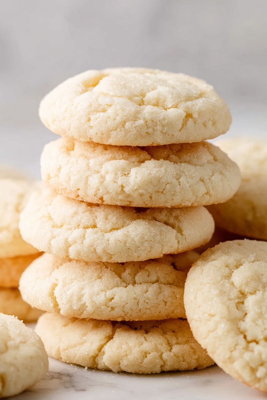 Amish Sugar Cookies, classic sugar cookie recipe, buttery sugar cookies, homemade Amish cookies, easy sugar cookie recipe - The image shows a close-up of several sugar cookies stacked on top of each other. Each cookie has a light golden color with a soft, slightly cracked surface, and a round, somewhat puffy shape. The cookies have a smooth, almost crumbly texture visible on the outside, and the edges show a gentle browning. The cookies are placed on a white marbled surface, filling the frame with no other items or background elements visible. photo taken with an iphone --ar 2:3 --v 7