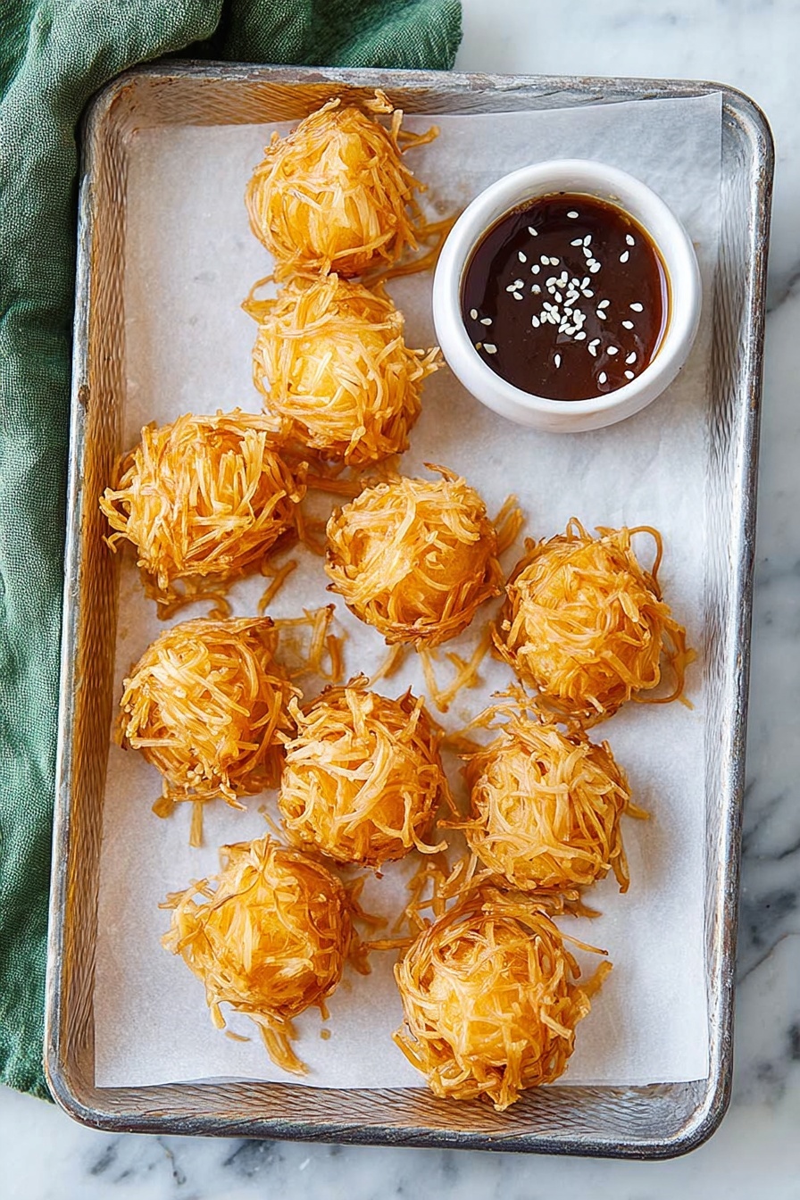 Crispy Fried Shrimp Balls, Shrimp Balls appetizer, easy shrimp snack, crunchy seafood bites, homemade fried shrimp balls - The image shows a rectangular metal tray lined with white parchment paper on a white marbled surface. On the tray, there are ten golden-orange crispy balls that look like they are wrapped in thin strips, giving a textured and crunchy appearance. In the top right corner of the tray, there is a small white round bowl filled with a dark brown sauce topped with white sesame seeds, adding a contrast to the crispy balls. A green fabric is partially visible on the left side of the tray. The overall look is neat and appetizing, with the crispy balls clustered but not touching each other, showing off their detailed layers of golden strips. photo taken with an iphone --ar 2:3 --v 7