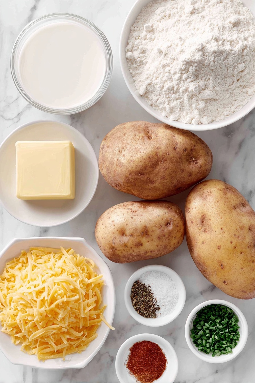 Cheesy Scalloped Potatoes, cheesy potato side dish, easy scalloped potatoes recipe, comfort food recipes, cheesy potato bake - Flat lay of whole russet potatoes with rough brown skins, a small pat of creamy yellow butter, a small white ceramic bowl of fine all-purpose flour, a small white bowl filled with creamy white milk, a small white bowl containing freshly ground black pepper and coarse salt, a neat pile of bright orange shredded sharp cheddar cheese, a tiny mound of vibrant red paprika powder, and a small cluster of finely chopped fresh green chives and parsley, all arranged symmetrically on a clean white marble surface, soft natural light, photo taken with an iPhone, professional food photography style, fresh ingredients, white ceramic bowls, no bottles, no duplicates, no utensils, no packaging --ar 2:3 --v 7 --p m7354615311229779997