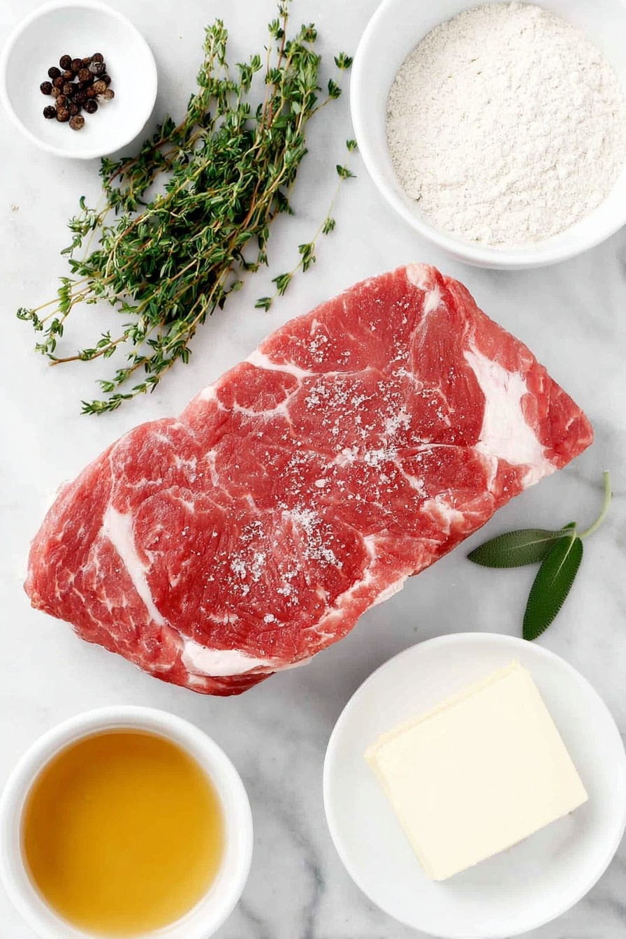 Crock Pot Pork Roast with Easy Gravy, slow cooker pork roast recipe, tender pork roast with gravy, easy crock pot dinner ideas, flavorful pork roast - Flat lay of a fresh whole pork loin roast with a light layer of poultry seasoning, small piles of coarse salt and cracked black peppercorns, a few fresh sprigs of sage and thyme beside a pat of creamy butter on a simple white ceramic plate, a small white bowl of pale all-purpose flour, and a small white bowl filled with golden slow cooker juices blended with light chicken broth, all arranged in perfect symmetry and natural proportions, placed on a clean white marble surface, soft natural light, photo taken with an iPhone, professional food photography style, fresh ingredients, white ceramic bowls, no bottles, no duplicates, no utensils, no packaging --ar 2:3 --v 7 --p m7354615311229779997