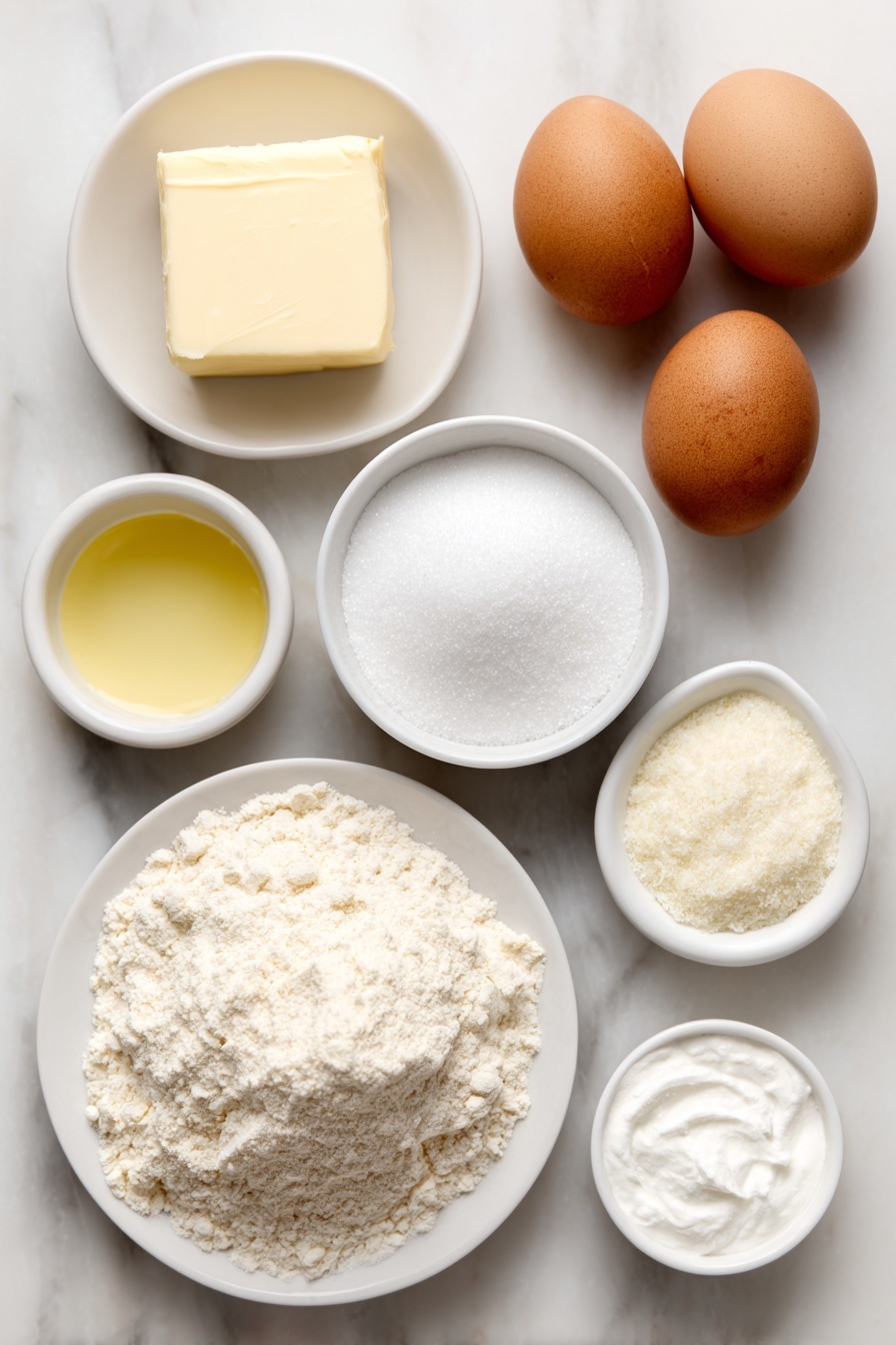Amish Sugar Cookies, classic sugar cookie recipe, buttery sugar cookies, homemade Amish cookies, easy sugar cookie recipe - Flat lay of a small square of pale yellow softened butter, a small white ceramic bowl filled with clear vegetable oil, a small white bowl heaped with white granulated sugar, a small white bowl containing fine white powdered sugar, two large whole eggs with smooth brown shells, a small white bowl of golden vanilla extract, a mound of light beige all-purpose flour on a white ceramic plate, a small white bowl with off-white baking soda powder, a small white bowl with white cream of tartar powder, all arranged symmetrically and balanced, placed on a clean white marble surface, soft natural light, photo taken with an iPhone, professional food photography style, fresh ingredients, white ceramic bowls, no bottles, no duplicates, no utensils, no packaging --ar 2:3 --v 7 --p m7354615311229779997