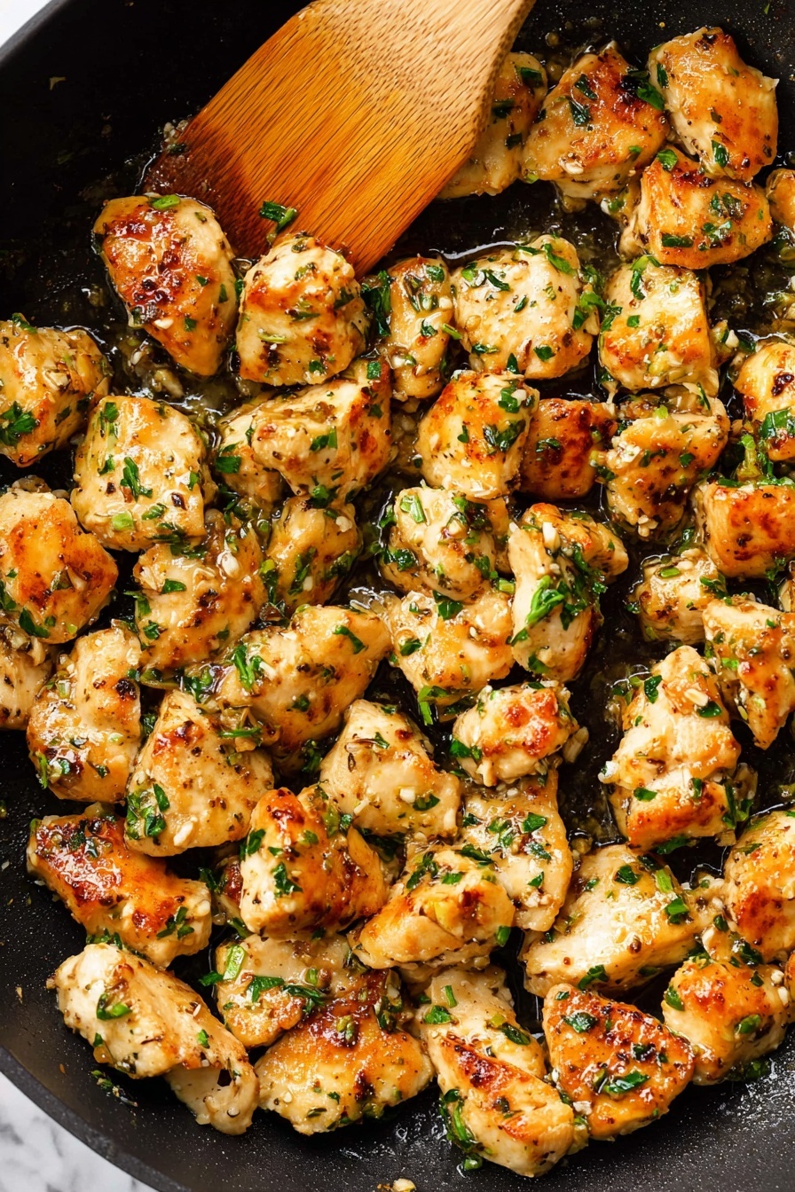 Garlic Butter Chicken Bites, quick chicken dinners, easy chicken recipes, flavorful chicken dishes, 20-minute chicken meals - The image shows many small pieces of cooked chicken with a golden brown color and a light crispy texture, scattered inside a black pan. Each piece is coated with small bits of green herbs and bits of garlic, giving a fresh and slightly moist look. Among the chicken pieces, a wooden spatula with patches of herbs is visible in the top left area, stirring or moving the pieces. The edges of the chicken pieces are lightly browned with some white juicy areas showing through. The scene is set against a white marbled surface, enhancing the colors of the cooked chicken. photo taken with an iphone --ar 2:3 --v 7