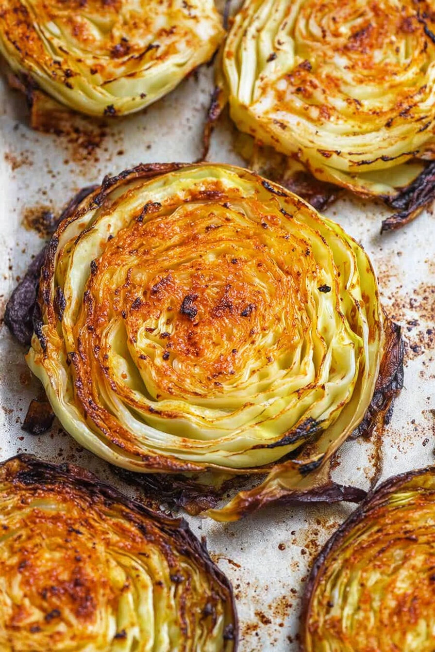 Baked Cabbage Steaks with Garlic and Paprika, roasted cabbage steaks, healthy veggie steaks, savory cabbage recipes, easy cabbage side dish - The image shows a close-up of a roasted cabbage wedge, placed on a white marbled surface. The cabbage has many layers, with the outer leaves charred and dark brown, while the inner layers are light green and yellow. The top layer is coated with a reddish-brown seasoning that looks slightly crispy. A metallic fork is stuck into the cabbage, lifting some soft, cooked pieces which look pale and juicy with a slight shine. The fork has a black handle and is positioned toward the upper right side of the cabbage. Photo taken with an iphone --ar 2:3 --v 7
