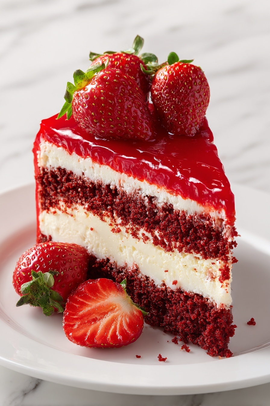Red Velvet Strawberry Cheesecake, Red Velvet Strawberry Cheesecake recipe, Strawberry cheesecake with red velvet, Easy red velvet cheesecake dessert, Best strawberry dessert recipes - A slice of cake with three layers sits on a white plate. The bottom layer is dark red and crumbly, the middle layer is thick and creamy white, and the top layer is smooth and glossy red. Fresh strawberries with green leaves are placed on top, adding a bright red and green contrast. The background has a white marbled texture. Photo taken with an iphone --ar 2:3 --v 7