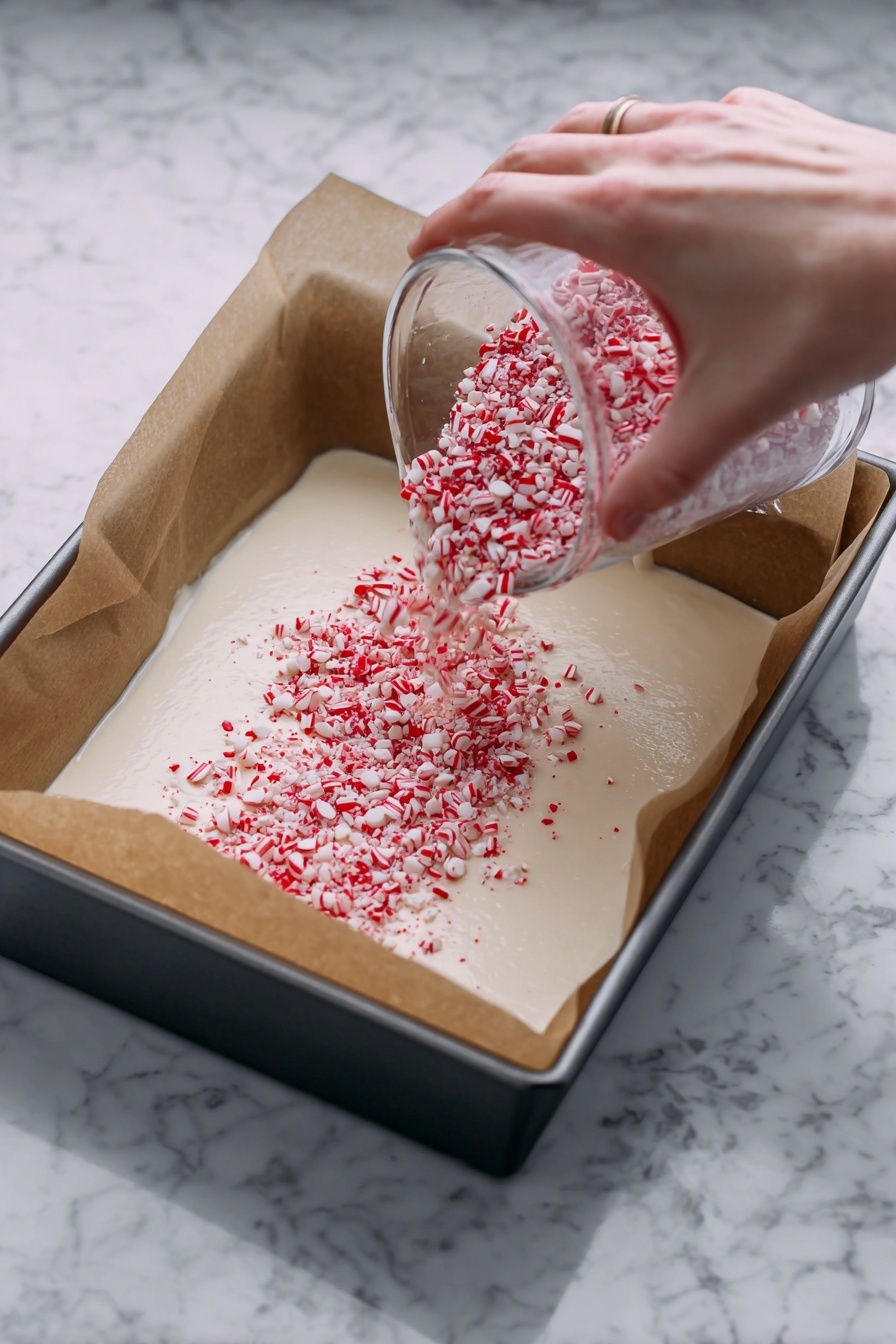Candy Cane Sheet Cake with Peppermint Buttercream, festive holiday cake, peppermint holiday dessert, Christmas sheet cake, peppermint candy cane cake - The image shows a rectangular metal baking pan lined with brown parchment paper. Inside the pan is a smooth, thick, pale white batter layer that fills the bottom. A woman's hand is pouring finely crushed red and white candy pieces evenly over the batter from a clear glass container. The pan is placed on a white marbled surface with visible gray veins. Photo taken with an iphone --ar 2:3 --v 7