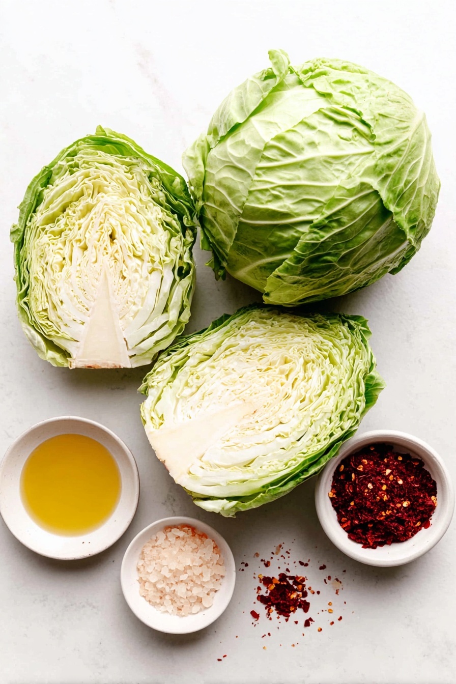 Baked Cabbage Steaks with Garlic and Paprika, roasted cabbage steaks, healthy veggie steaks, savory cabbage recipes, easy cabbage side dish - Flat lay of two small fresh green cabbage heads cut to show thick wedges, a small white ceramic bowl of golden olive oil, a small white ceramic bowl filled with coarse sea salt crystals, a small white ceramic bowl containing vibrant red paprika powder, a small white ceramic bowl with pale beige garlic powder, placed on a clean white marble surface, soft natural light, photo taken with an iPhone, professional food photography style, fresh ingredients, white ceramic bowls, no bottles, no duplicates, no utensils, no packaging --ar 2:3 --v 7 --p m7354615311229779997