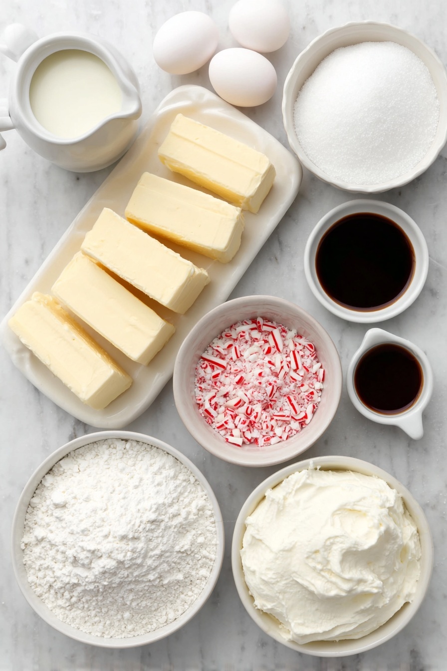 Candy Cane Sheet Cake with Peppermint Buttercream, festive holiday cake, peppermint holiday dessert, Christmas sheet cake, peppermint candy cane cake - Flat lay of whole fresh unsalted butter sticks, a small white ceramic bowl of granulated sugar, uncracked whole egg whites with clean shells, a small white ceramic bowl of whole milk, a small white ceramic bowl of sour cream, a small white ceramic bowl of vanilla extract, a small white ceramic bowl of peppermint extract, a small white ceramic bowl of crushed red and white candy cane pieces, a small white ceramic bowl of all-purpose flour, a small white ceramic bowl of baking powder, and a small white ceramic bowl of sifted confectioners sugar placed on a clean white marble surface, soft natural light, photo taken with an iPhone, professional food photography style, fresh ingredients, white ceramic bowls, no bottles, no duplicates, no utensils, no packaging --ar 2:3 --v 7 --p m7354615311229779997