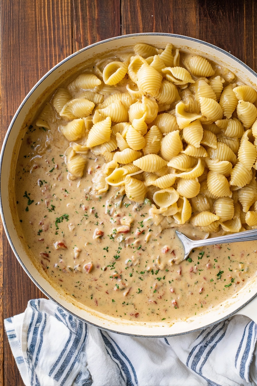 Creamy Beef Shells, creamy beef pasta shells recipe, hearty beef stuffed pasta, quick cheesy beef shells, comforting beef pasta dinner - A white pan on a wooden surface holds two layers: the bottom layer is a creamy, light brown sauce with visible small bits of herbs and tiny pieces of red, spread evenly; the top layer consists of a heap of pale yellow shell pasta sitting on the sauce, with a metallic spoon partially submerged on the right side. A white cloth with blue stripes lies beside the pan. photo taken with an iphone --ar 2:3 --v 7