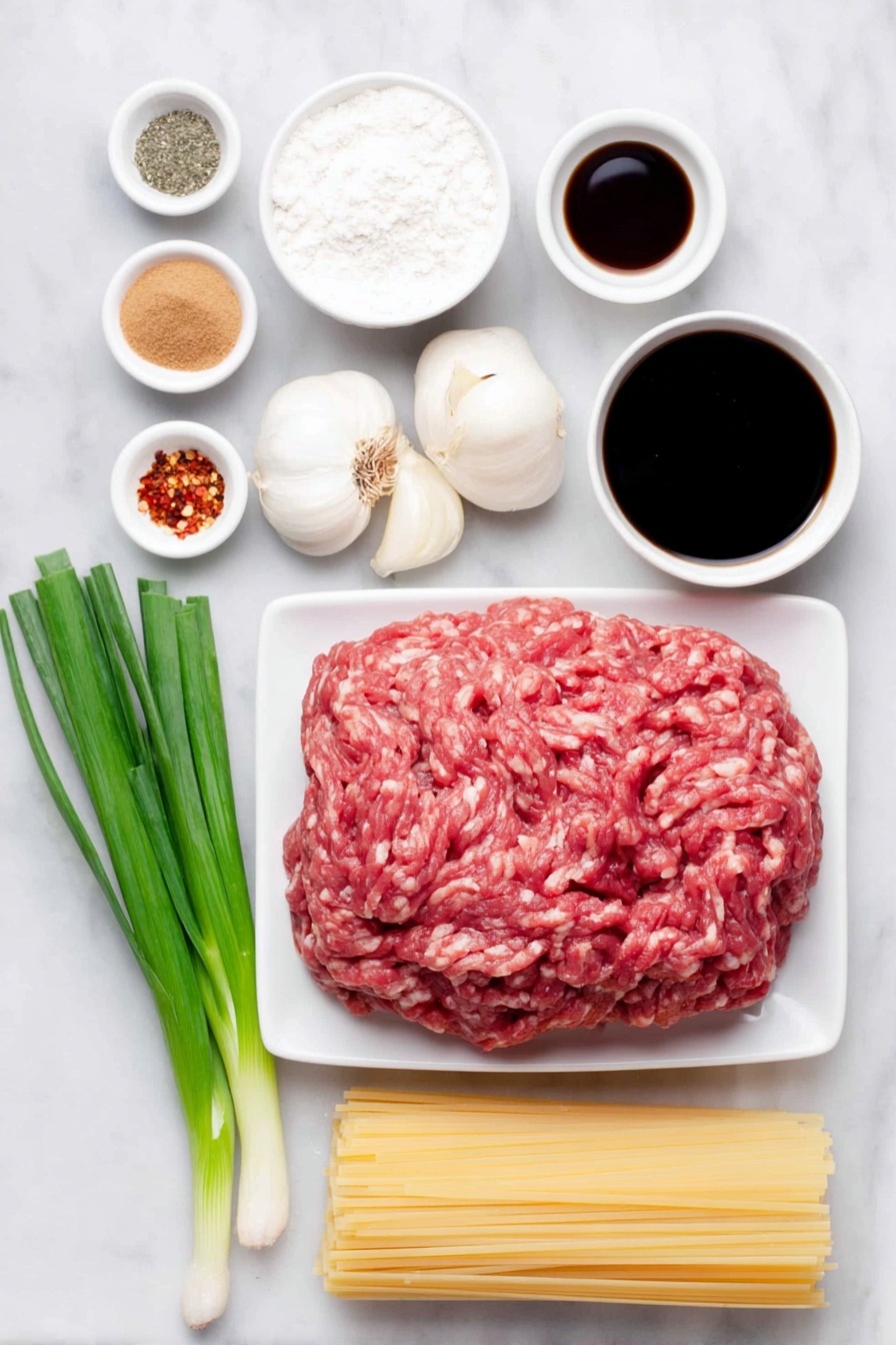 Mongolian Ground Beef Noodles, Mongolian beef noodles recipe, easy beef noodle stir-fry, quick Asian beef recipes, savory ground beef noodles - Flat lay of a mound of fresh raw ground beef, five whole uncracked garlic cloves, a small white bowl of brown sugar, a small white bowl of beef broth, a small white bowl of dark soy sauce, a small white bowl of thick hoisin sauce, a small white bowl with a pinch of ground ginger powder, a small white bowl with ground black pepper, a small white bowl with red pepper flakes, a neat bundle of uncooked linguine pasta, a small white bowl with white cornstarch powder, a small white bowl of clear water, and a few whole fresh green onions with green stalks and white bulbs, all arranged with perfect symmetry on a clean white marble surface, soft natural light, photo taken with an iPhone, professional food photography style, fresh ingredients, white ceramic bowls, no bottles, no duplicates, no utensils, no packaging --ar 2:3 --v 7 --p m7354615311229779997